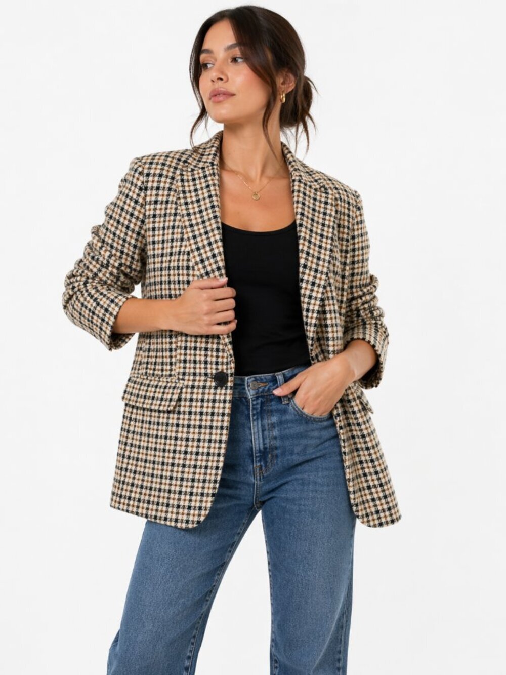 TOPSHOP Classic Tan & Black Houndstooth Suit Blazer Size 2 - Picture 2 of 15